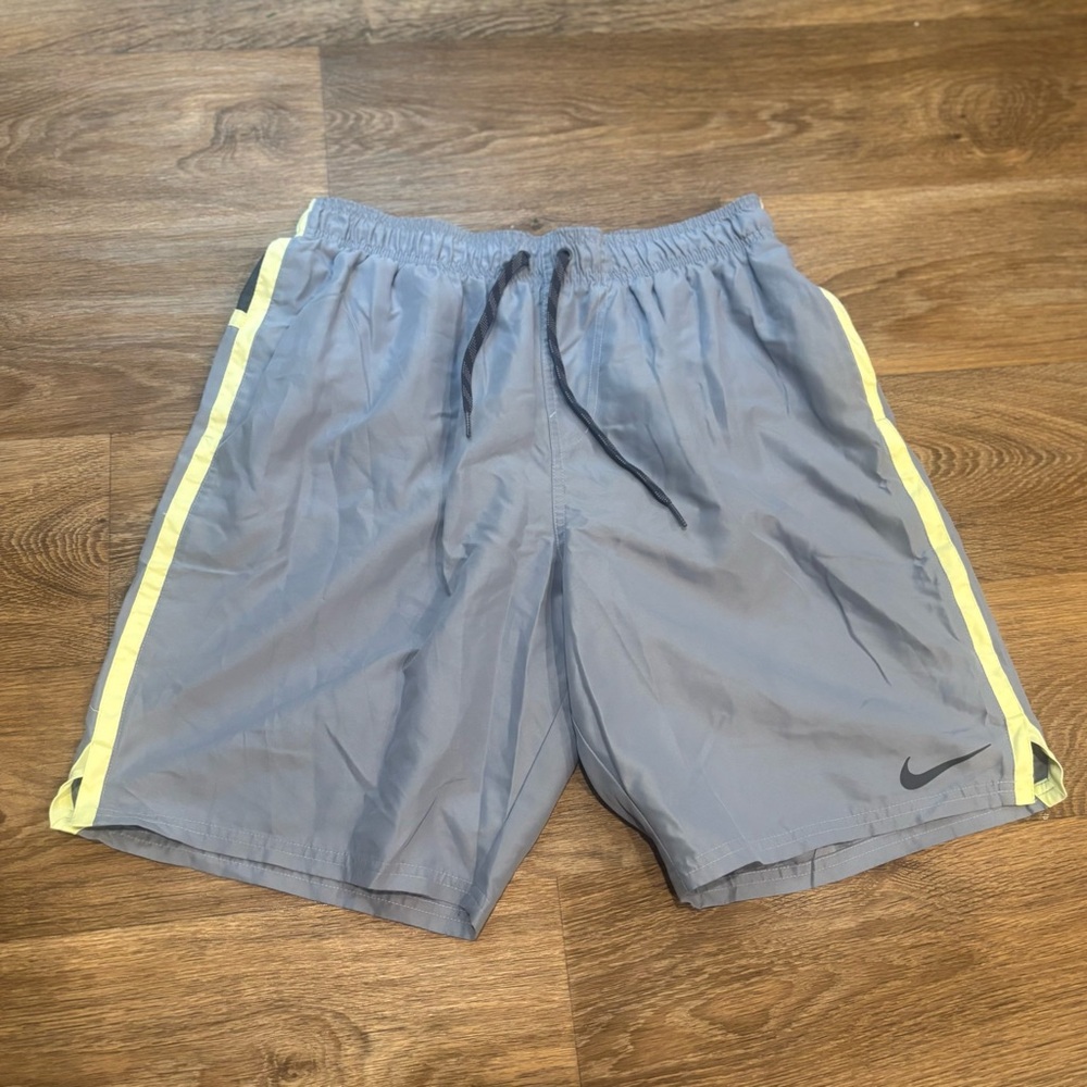 Nike Men’s Mesh Lined Swim Trunks – Size Large – Gray/Blue with Yellow Trim